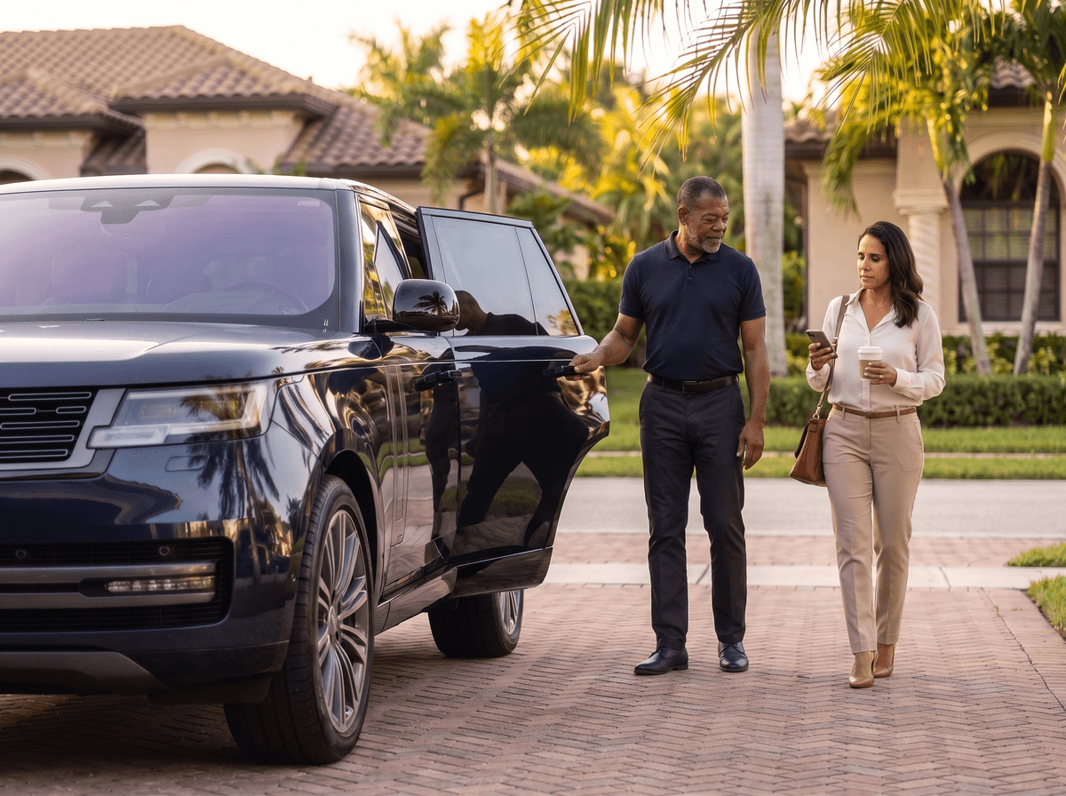 Jeevz driver greeting a concierge client for morning pickup