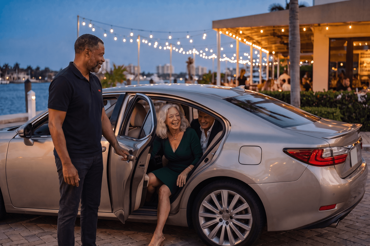 A driver in a dark polo opens the rear door of a client's sedan outside a waterfront restaurant