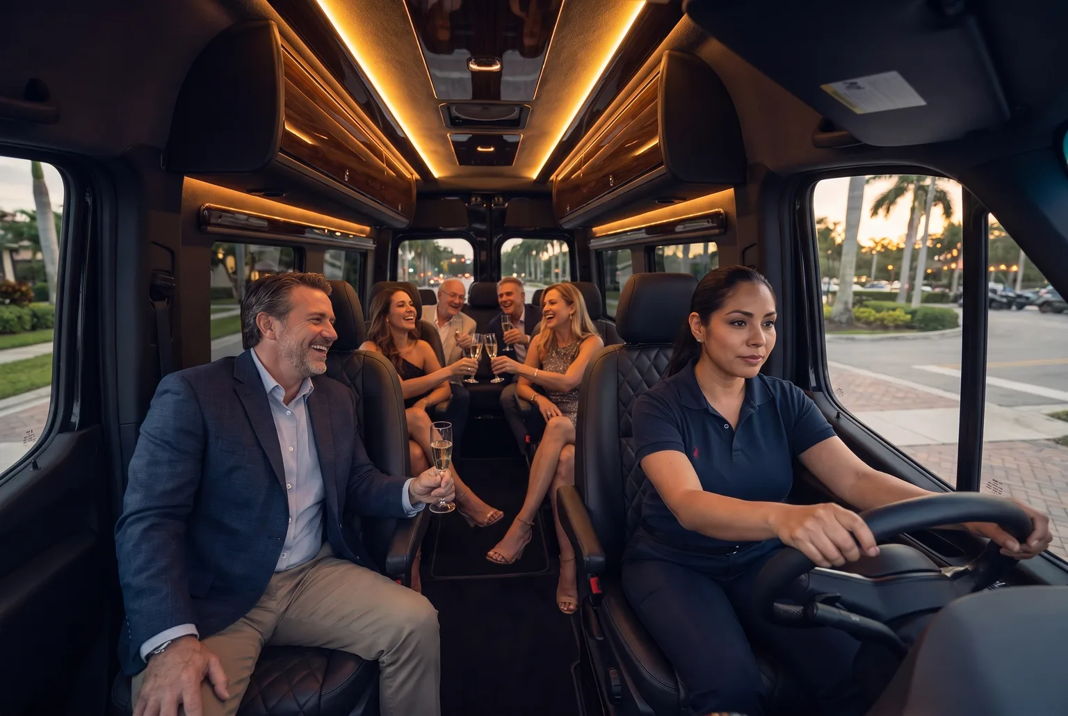 Friends enjoying champagne in the back of a luxury Sprinter van while a professional driver takes them to their destination