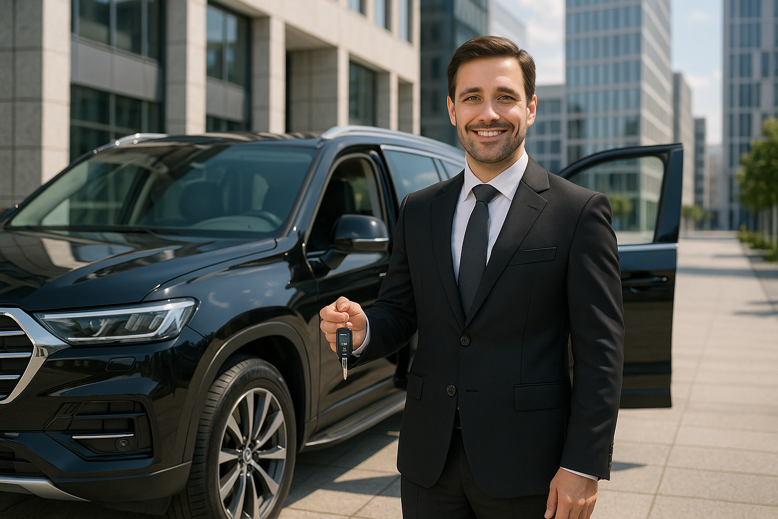 Professional driver in business attire standing next to a customer's vehicle, ready to provide safe and reliable transportation service