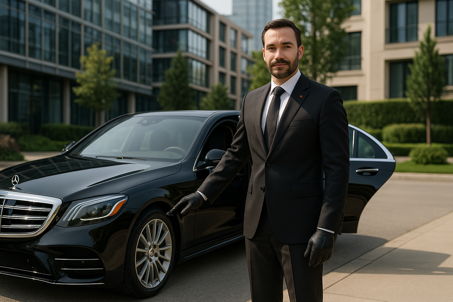 Professional private chauffeur in formal attire opening door of luxury vehicle for executive client